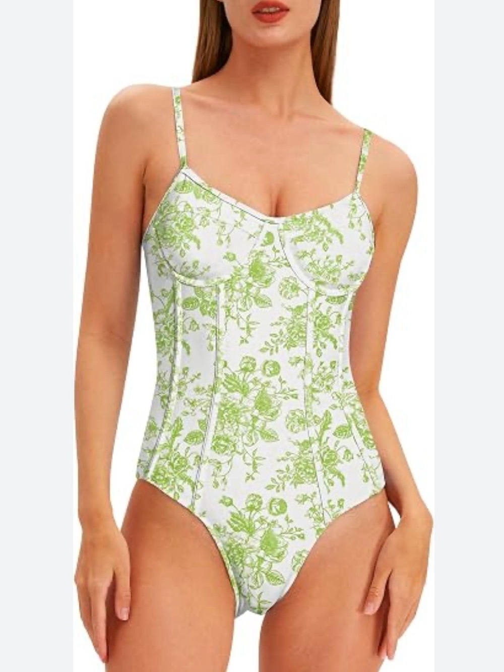 Green Floral One-Piece Swimsuit with Sculpted Seams. NWOT